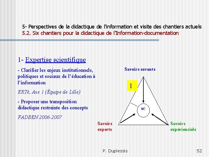 5 - Perspectives de la didactique de l'information et visite des chantiers actuels 5.