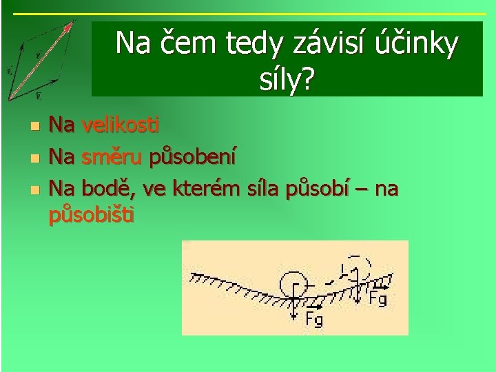 Na čem tedy závisí účinky síly? n n n Na velikosti Na směru působení