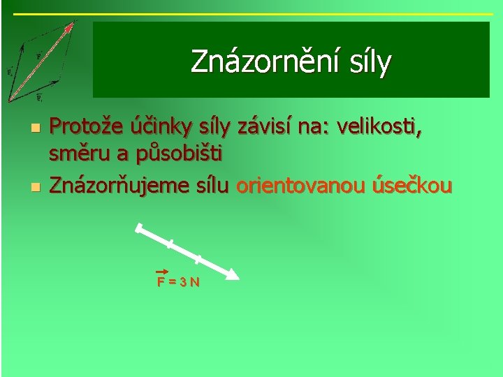 Znázornění síly n n Protože účinky síly závisí na: velikosti, směru a působišti Znázorňujeme