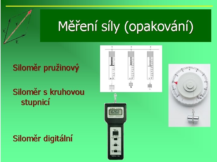 Měření síly (opakování) Siloměr pružinový Siloměr s kruhovou stupnicí Siloměr digitální 