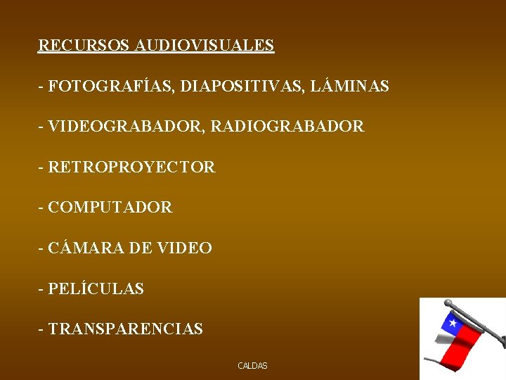 RECURSOS AUDIOVISUALES - FOTOGRAFÍAS, DIAPOSITIVAS, LÁMINAS - VIDEOGRABADOR, RADIOGRABADOR - RETROPROYECTOR - COMPUTADOR -