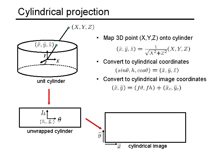 Cylindrical projection • Map 3 D point (X, Y, Z) onto cylinder Y Z