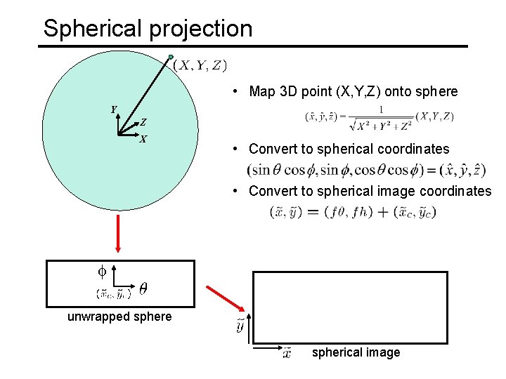 Spherical projection • Map 3 D point (X, Y, Z) onto sphere Y Z