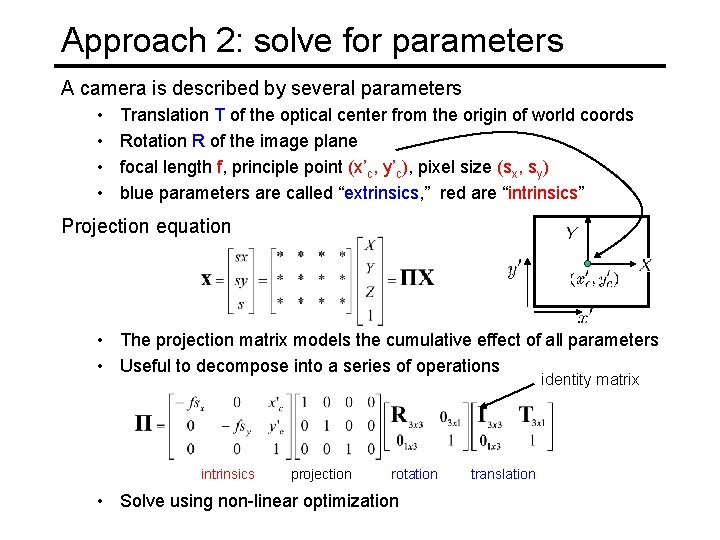 Approach 2: solve for parameters A camera is described by several parameters • •