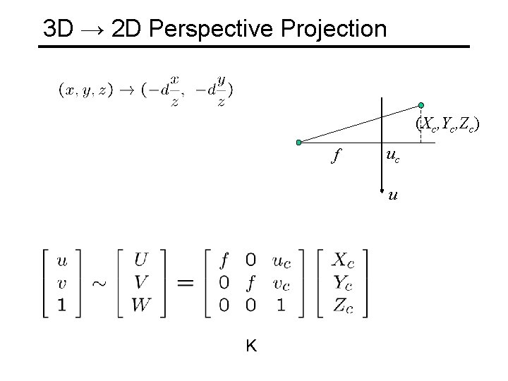 3 D → 2 D Perspective Projection (Xc, Yc, Zc) f uc u K