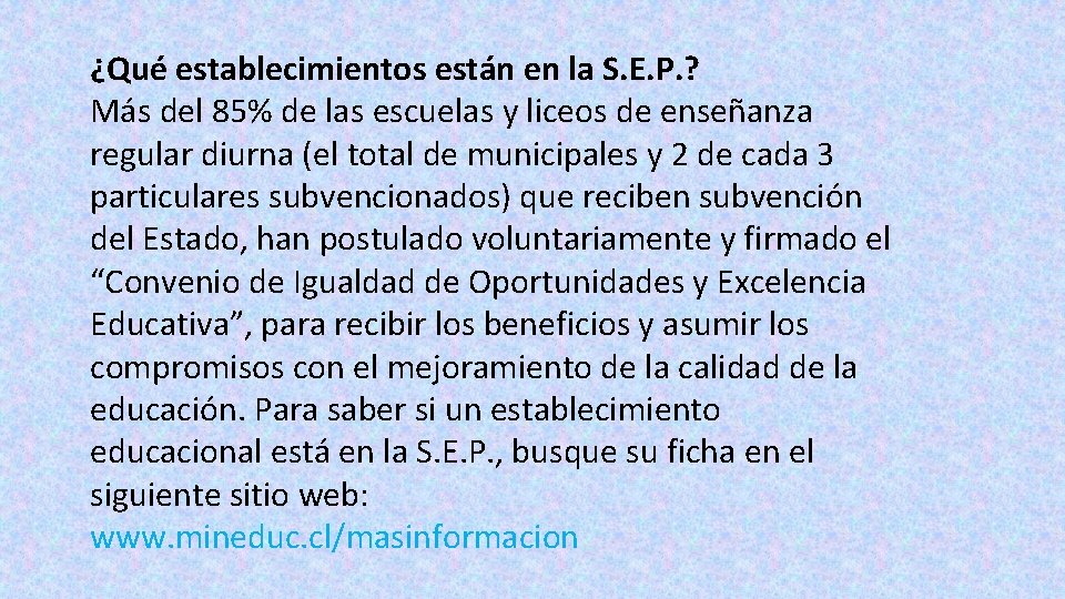 ¿Qué establecimientos están en la S. E. P. ? Más del 85% de las