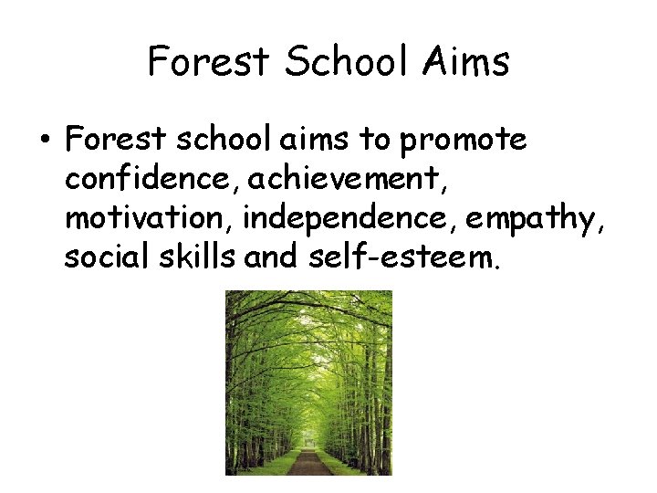 Forest School Aims • Forest school aims to promote confidence, achievement, motivation, independence, empathy,