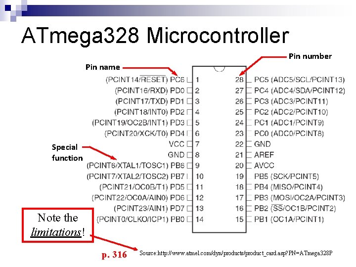 ATmega 328 Microcontroller Pin name Pin number Special function Note the limitations! p. 316
