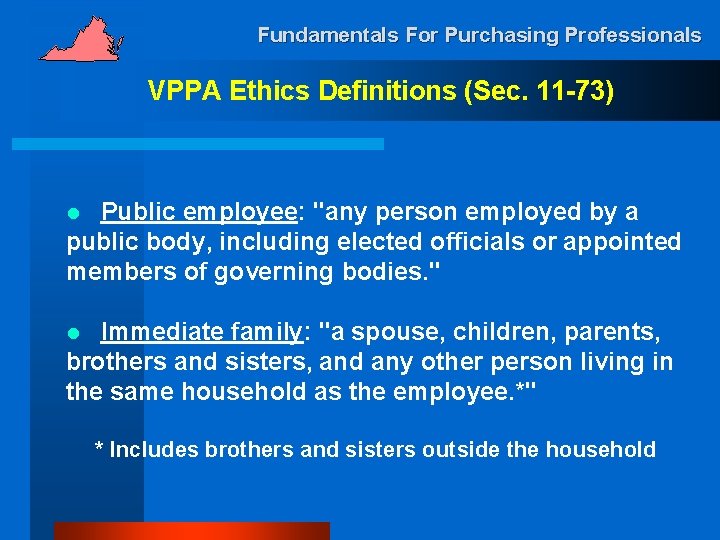 Fundamentals For Purchasing Professionals VPPA Ethics Definitions (Sec. 11 -73) Public employee: "any person