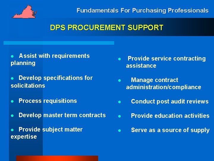 Fundamentals For Purchasing Professionals DPS PROCUREMENT SUPPORT Assist with requirements planning l Provide service