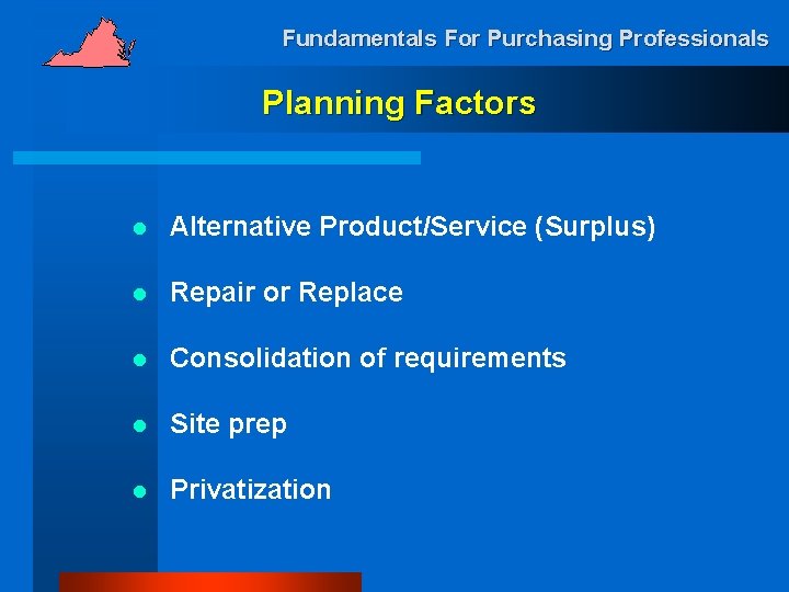 Fundamentals For Purchasing Professionals Planning Factors l Alternative Product/Service (Surplus) l Repair or Replace