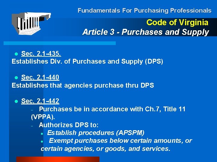 Fundamentals For Purchasing Professionals Code of Virginia Article 3 - Purchases and Supply Sec.