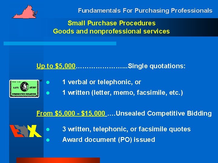 Fundamentals For Purchasing Professionals Small Purchase Procedures Goods and nonprofessional services Up to $5,