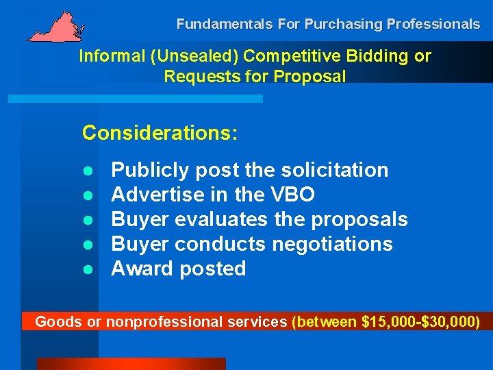 Fundamentals For Purchasing Professionals Informal (Unsealed) Competitive Bidding or Requests for Proposal Considerations: l