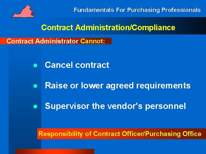 Fundamentals For Purchasing Professionals Contract Administration/Compliance Contract Administrator Cannot: l Cancel contract l Raise