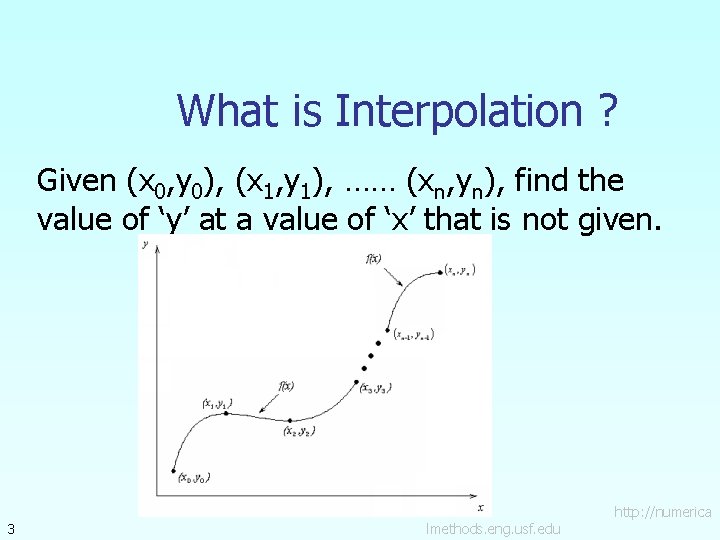 What is Interpolation ? Given (x 0, y 0), (x 1, y 1), ……