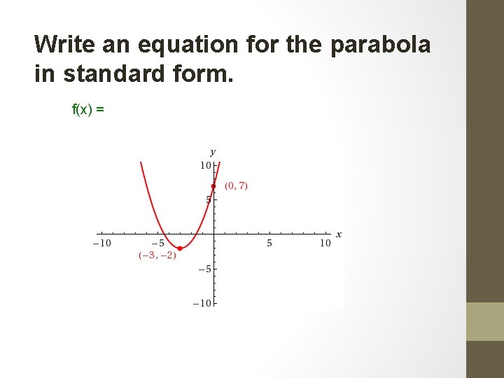 Write an equation for the parabola in standard form. f(x) = Write an equation for the parabola in standard form. f(x) =