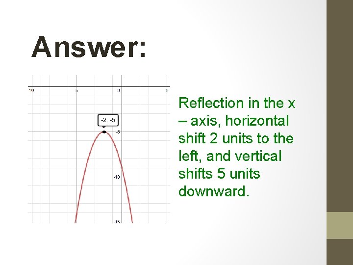 Answer: Reflection in the x – axis, horizontal shift 2 units to the left, Answer: Reflection in the x – axis, horizontal shift 2 units to the left,
