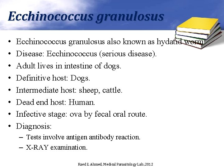 Ecchinococcus granulosus • • Ecchinococcus granulosus also known as hydatid worm. Disease: Ecchinococcus (serious