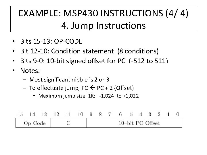 EXAMPLE: MSP 430 INSTRUCTIONS (4/ 4) 4. Jump Instructions • • Bits 15 -13: