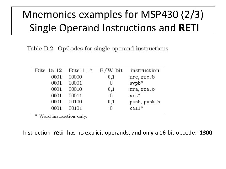 Mnemonics examples for MSP 430 (2/3) Single Operand Instructions and RETI Instruction reti has