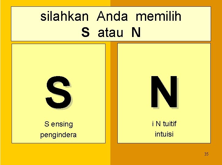 silahkan Anda memilih S atau N S ensing pengindera i N tuitif intuisi 35