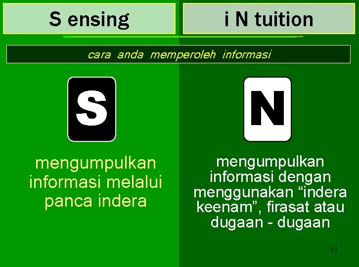 S ensing i N tuition cara anda memperoleh informasi S N mengumpulkan informasi melalui