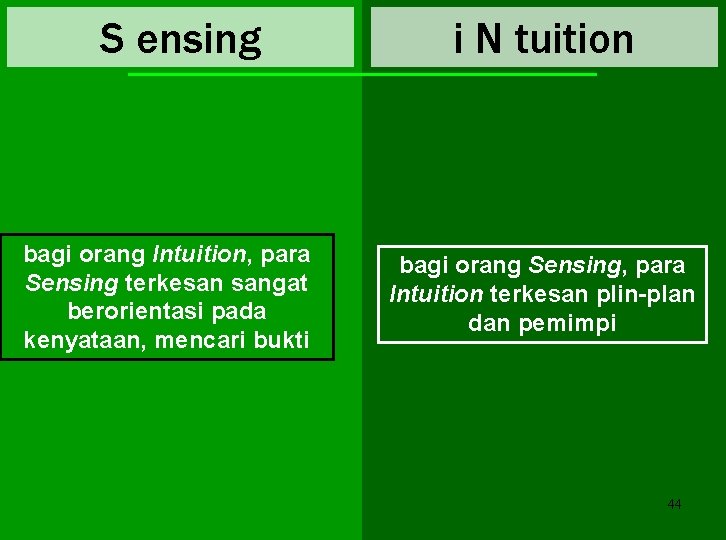 S ensing bagi orang Intuition, para Sensing terkesan sangat berorientasi pada kenyataan, mencari bukti