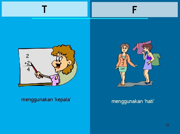 T menggunakan ‘kepala’ F menggunakan ‘hati’ 50 