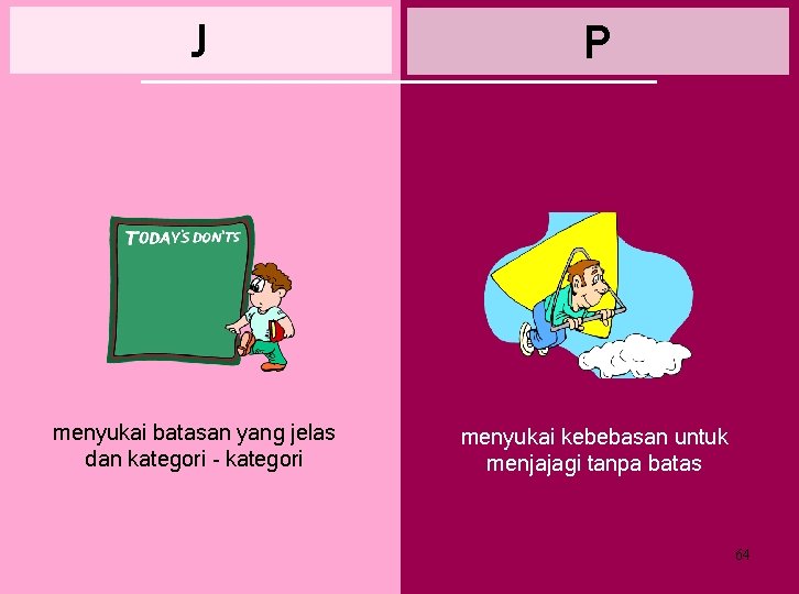 J P menyukai batasan yang jelas dan kategori - kategori menyukai kebebasan untuk menjajagi