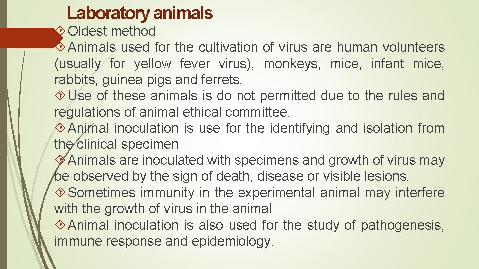 Laboratory animals Oldest method Animals used for the cultivation of virus are human volunteers