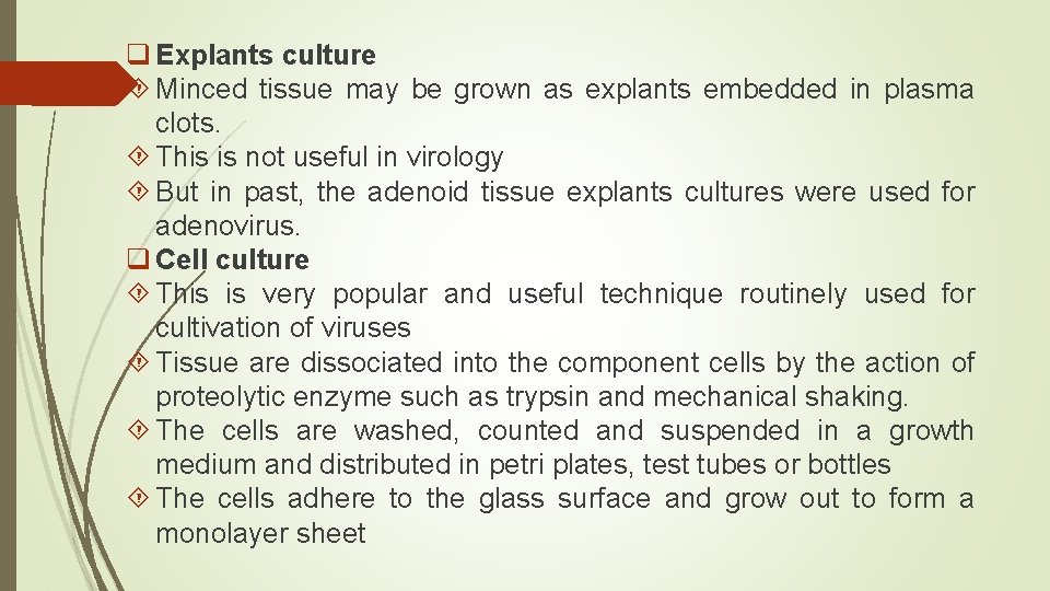 q Explants culture Minced tissue may be grown as explants embedded in plasma clots.