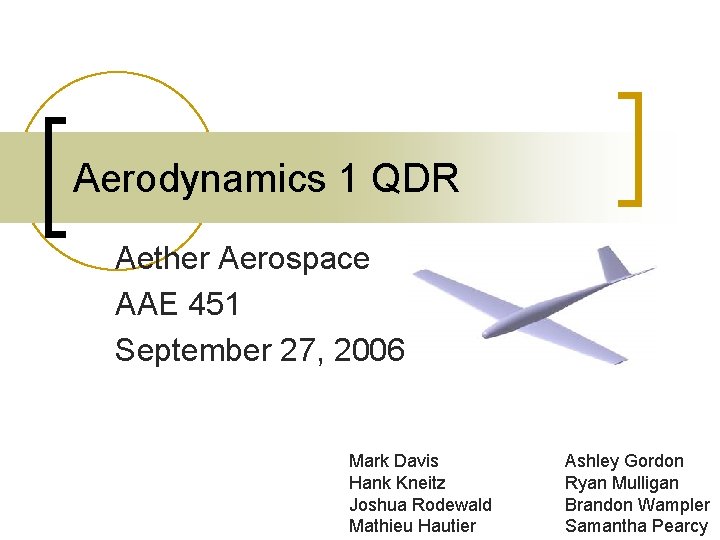 Aerodynamics 1 QDR Aether Aerospace AAE 451 September 27, 2006 Mark Davis Hank Kneitz