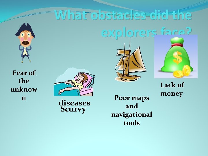 What obstacles did the explorers face? Fear of the unknow n diseases Scurvy Poor