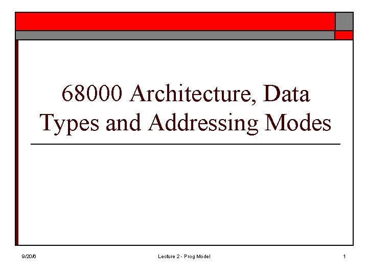 68000 Architecture, Data Types and Addressing Modes 9/20/6 Lecture 2 - Prog Model 1