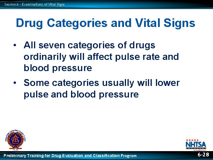 Session 6 – Examinations of Vital Signs Drug Categories and Vital Signs • All