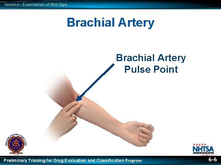 Session 6 – Examinations of Vital Signs Brachial Artery Pulse Point Preliminary Training for