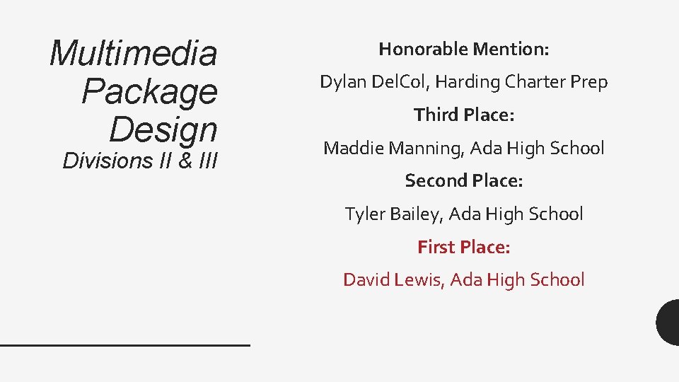 Multimedia Package Design Divisions II & III Honorable Mention: Dylan Del. Col, Harding Charter