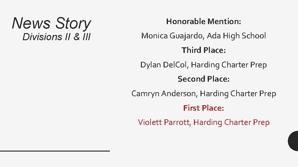 News Story Divisions II & III Honorable Mention: Monica Guajardo, Ada High School Third