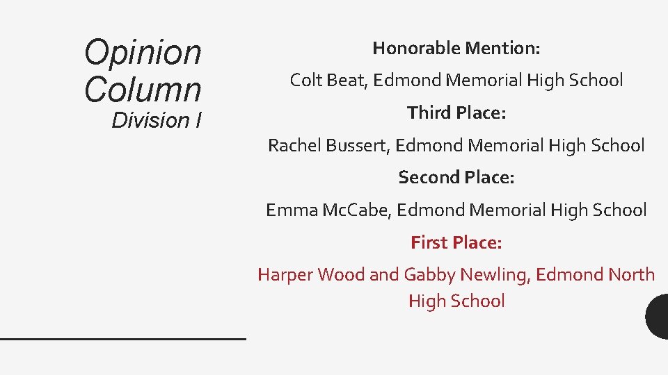 Opinion Column Division I Honorable Mention: Colt Beat, Edmond Memorial High School Third Place: