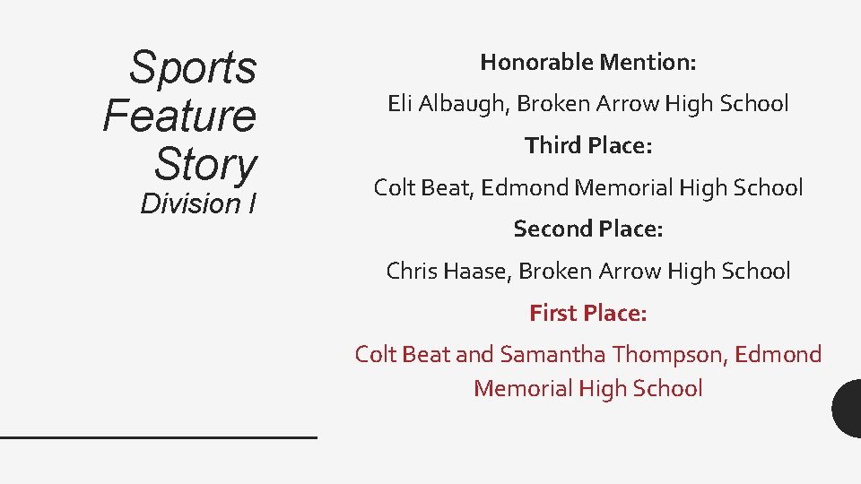 Sports Feature Story Division I Honorable Mention: Eli Albaugh, Broken Arrow High School Third