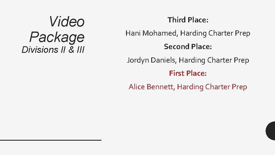 Video Package Divisions II & III Third Place: Hani Mohamed, Harding Charter Prep Second