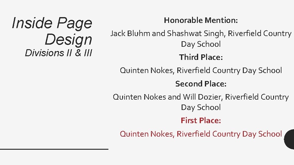 Inside Page Design Divisions II & III Honorable Mention: Jack Bluhm and Shashwat Singh,