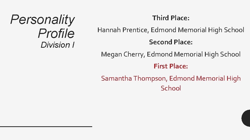 Personality Profile Division I Third Place: Hannah Prentice, Edmond Memorial High School Second Place: