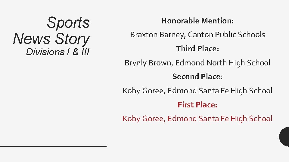 Sports News Story Divisions I & III Honorable Mention: Braxton Barney, Canton Public Schools
