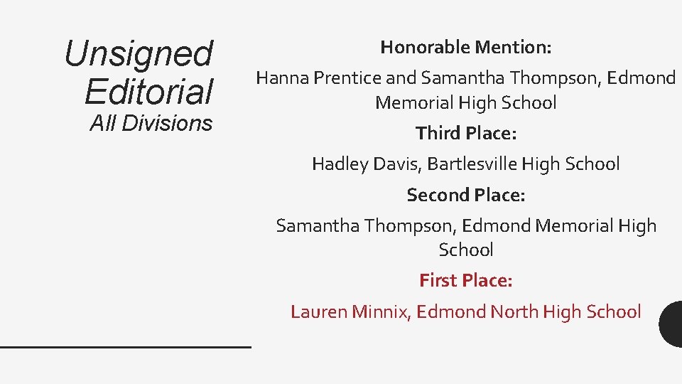 Unsigned Editorial All Divisions Honorable Mention: Hanna Prentice and Samantha Thompson, Edmond Memorial High