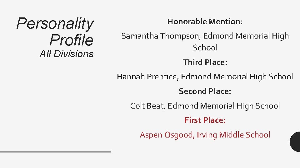 Personality Profile All Divisions Honorable Mention: Samantha Thompson, Edmond Memorial High School Third Place: