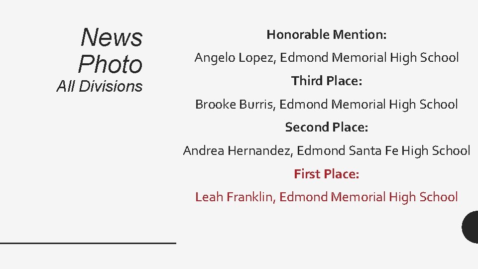 News Photo All Divisions Honorable Mention: Angelo Lopez, Edmond Memorial High School Third Place: