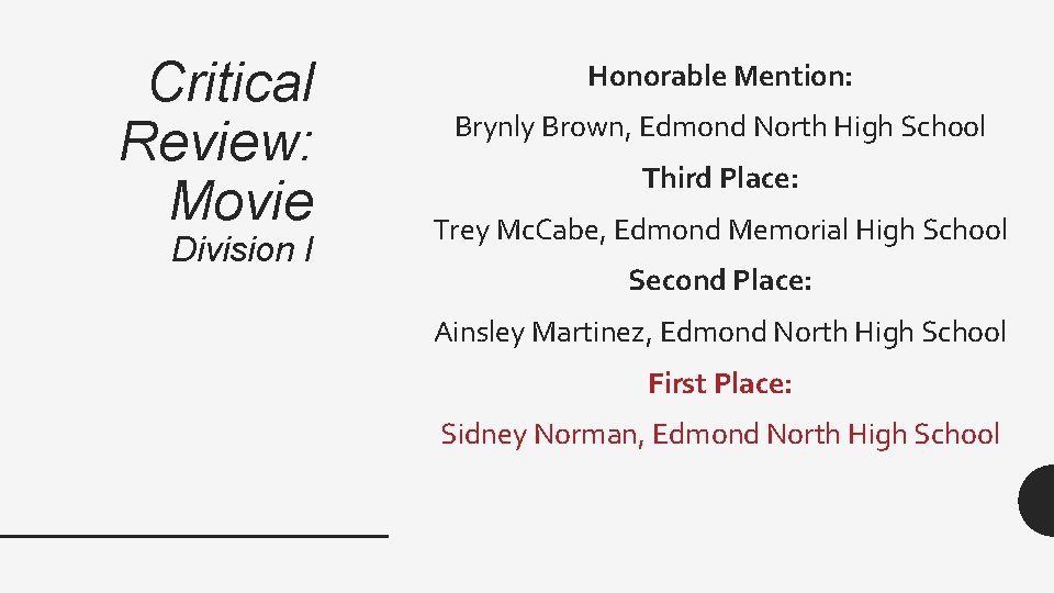 Critical Review: Movie Division I Honorable Mention: Brynly Brown, Edmond North High School Third