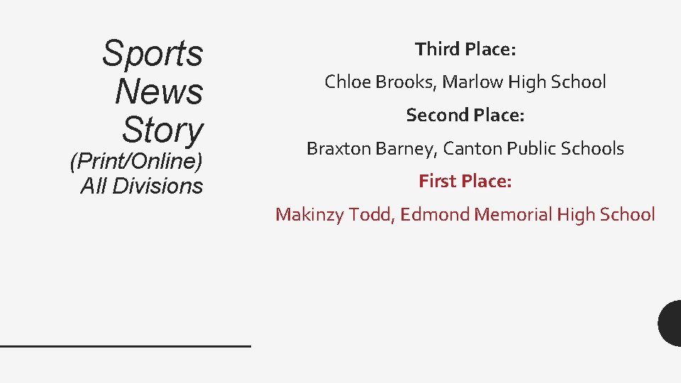 Sports News Story (Print/Online) All Divisions Third Place: Chloe Brooks, Marlow High School Second